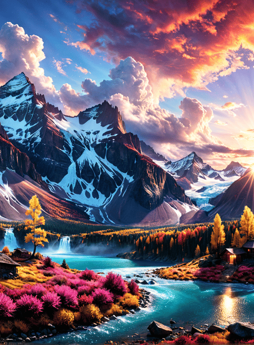 mountains, forest, lake, waterfall, cabins