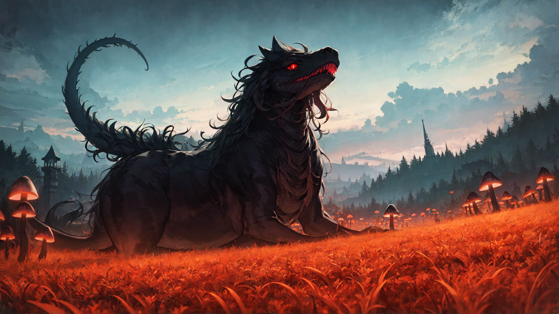AI generated wallpaper featuring dragon, mushroom, grass, castle, forest, sky
