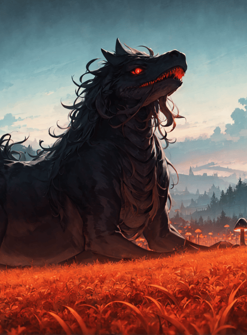 dragon, mushroom, grass, castle, forest, sky