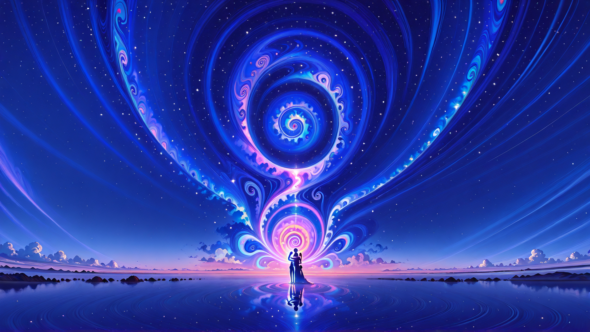 AI generated wallpaper featuring couple, cosmic swirl, stars, ocean, sky, reflection