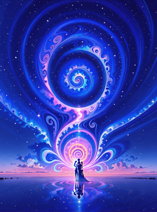 couple, cosmic swirl, stars, ocean, sky, reflection