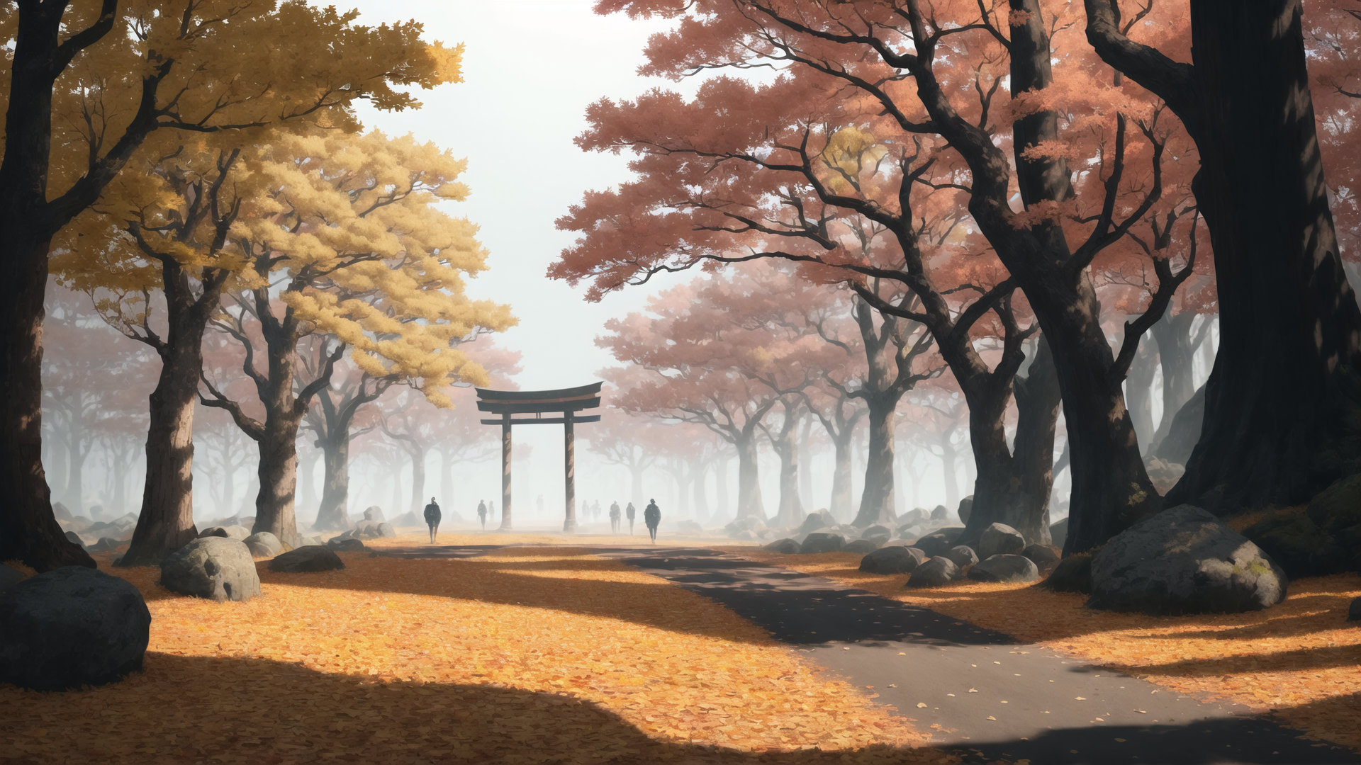 AI generated wallpaper featuring trees, path, torii, people, stones