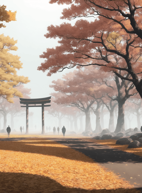 trees, path, torii, people, stones