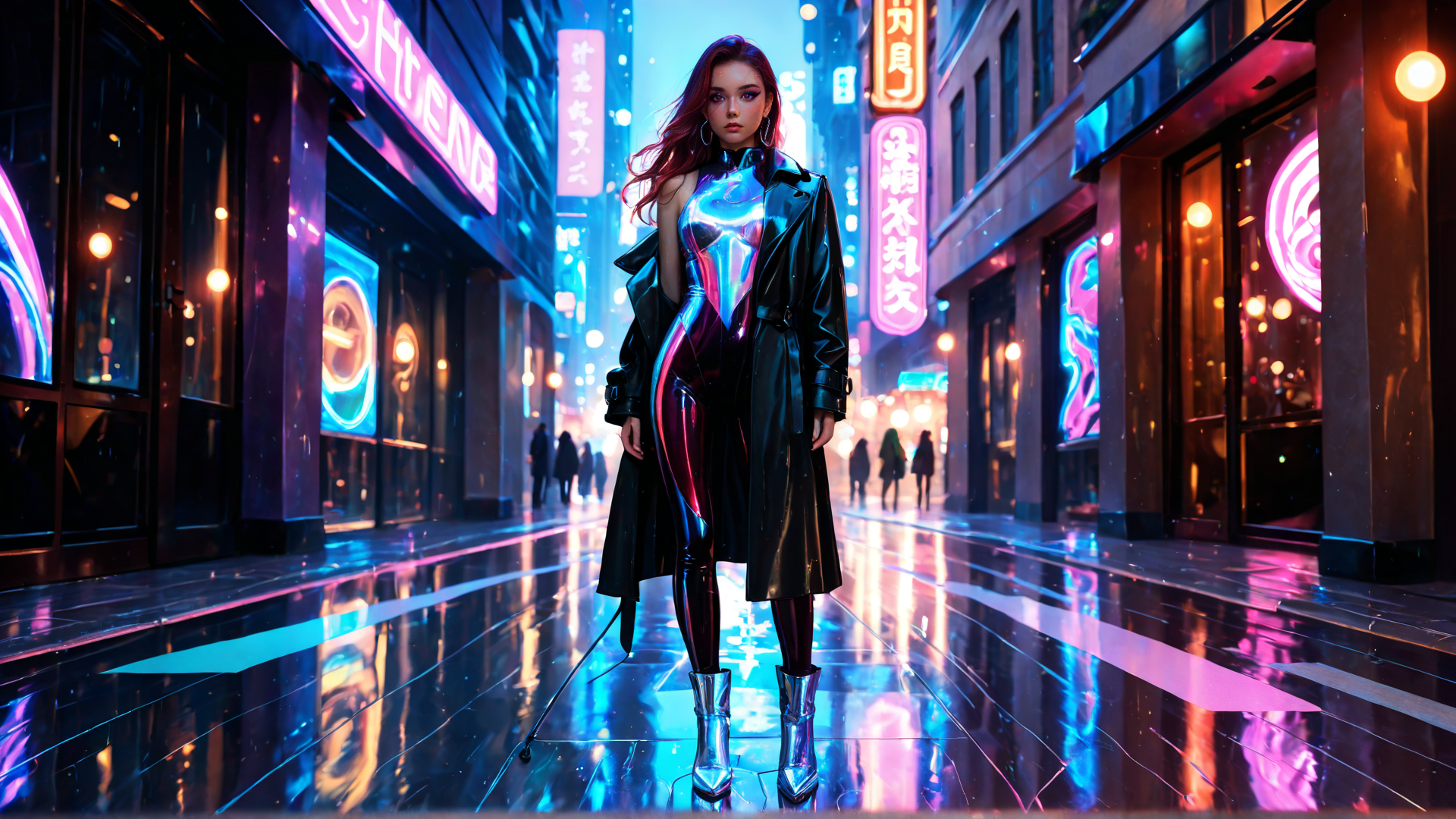 AI generated wallpaper featuring woman, cyberpunk, street