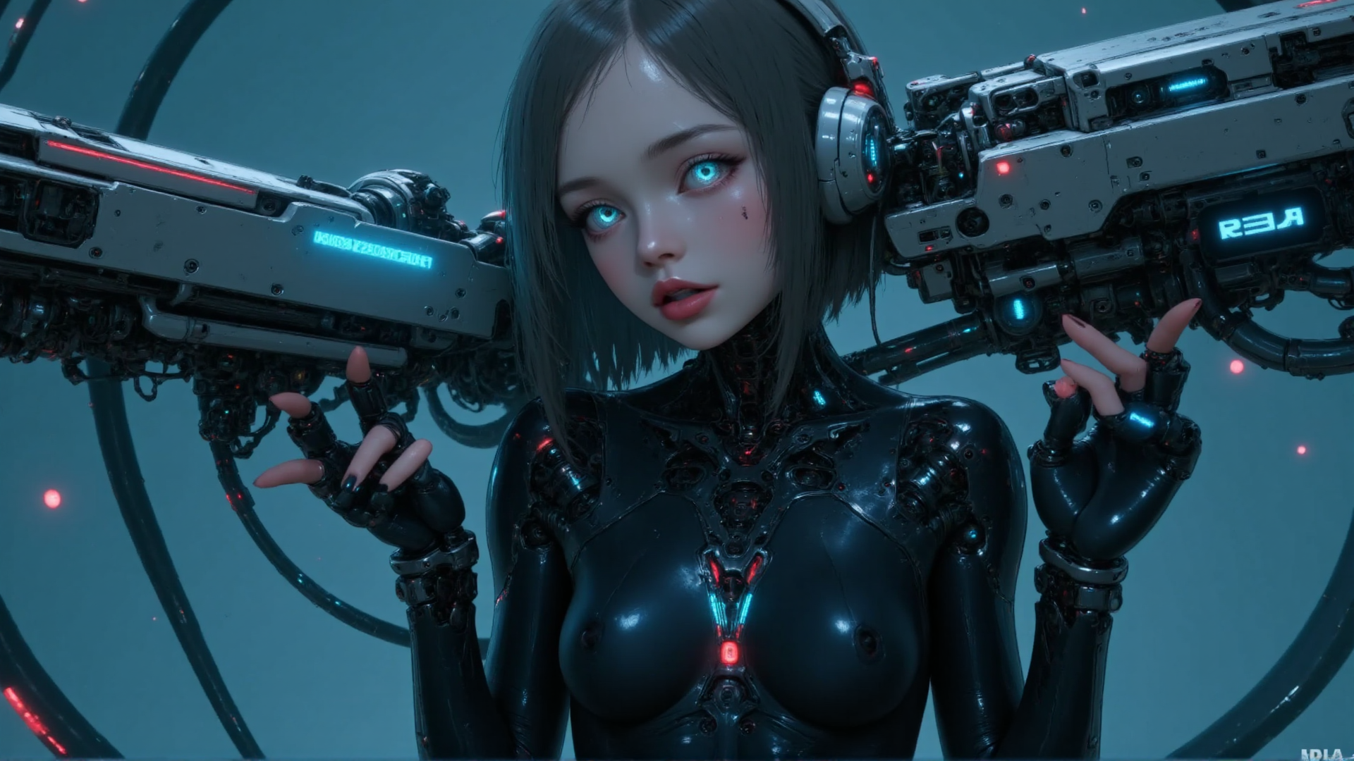 AI generated wallpaper featuring cyborg, robot, gun, headphones, hands, armor