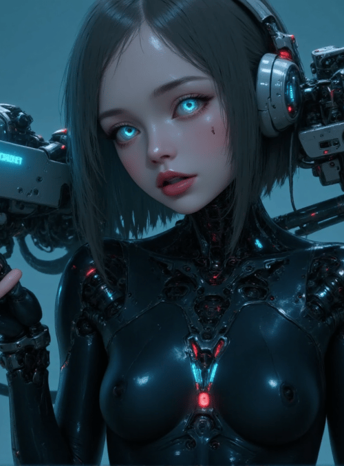 cyborg, robot, gun, headphones, hands, armor