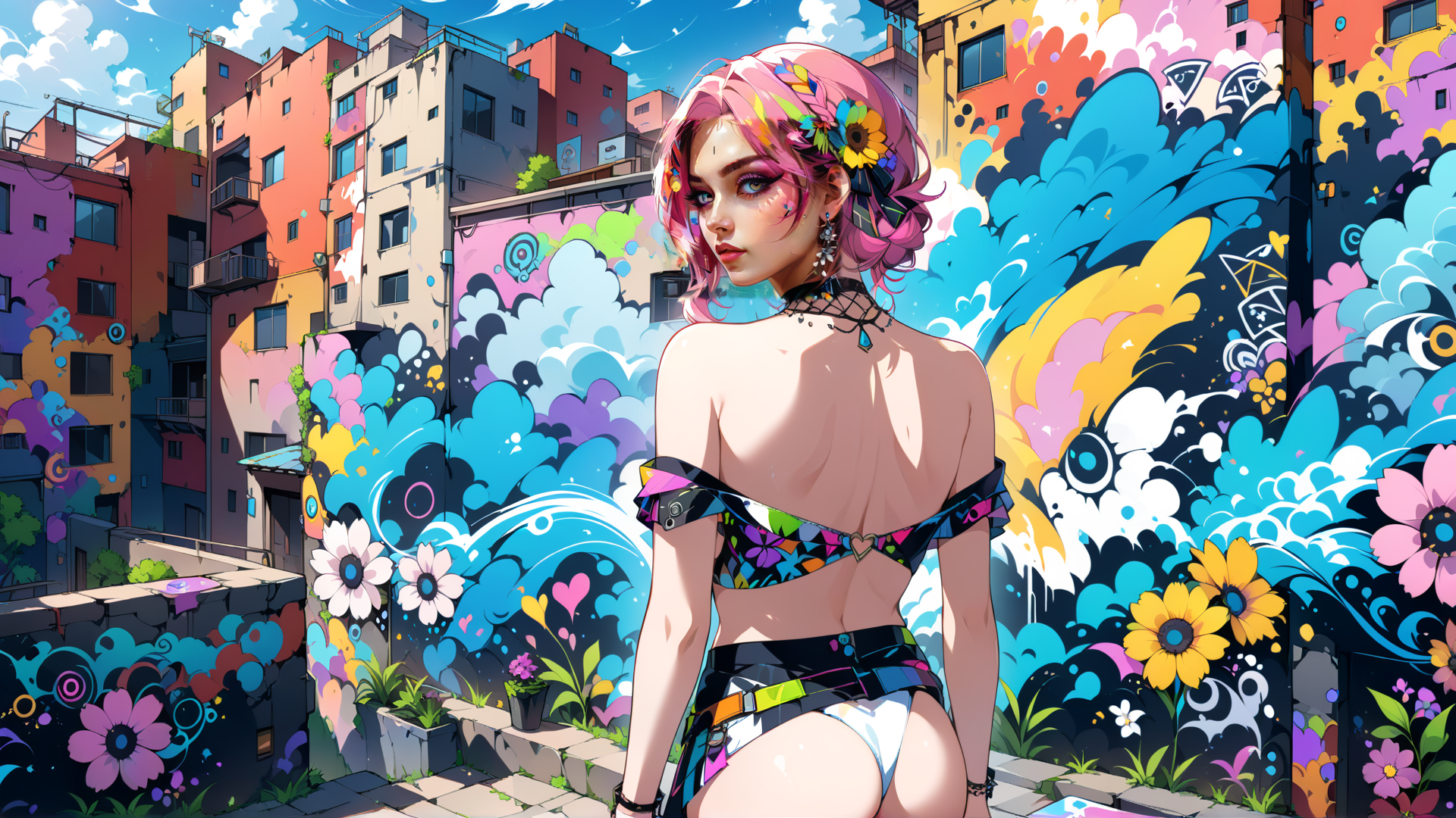 AI generated wallpaper featuring woman, graffiti, city