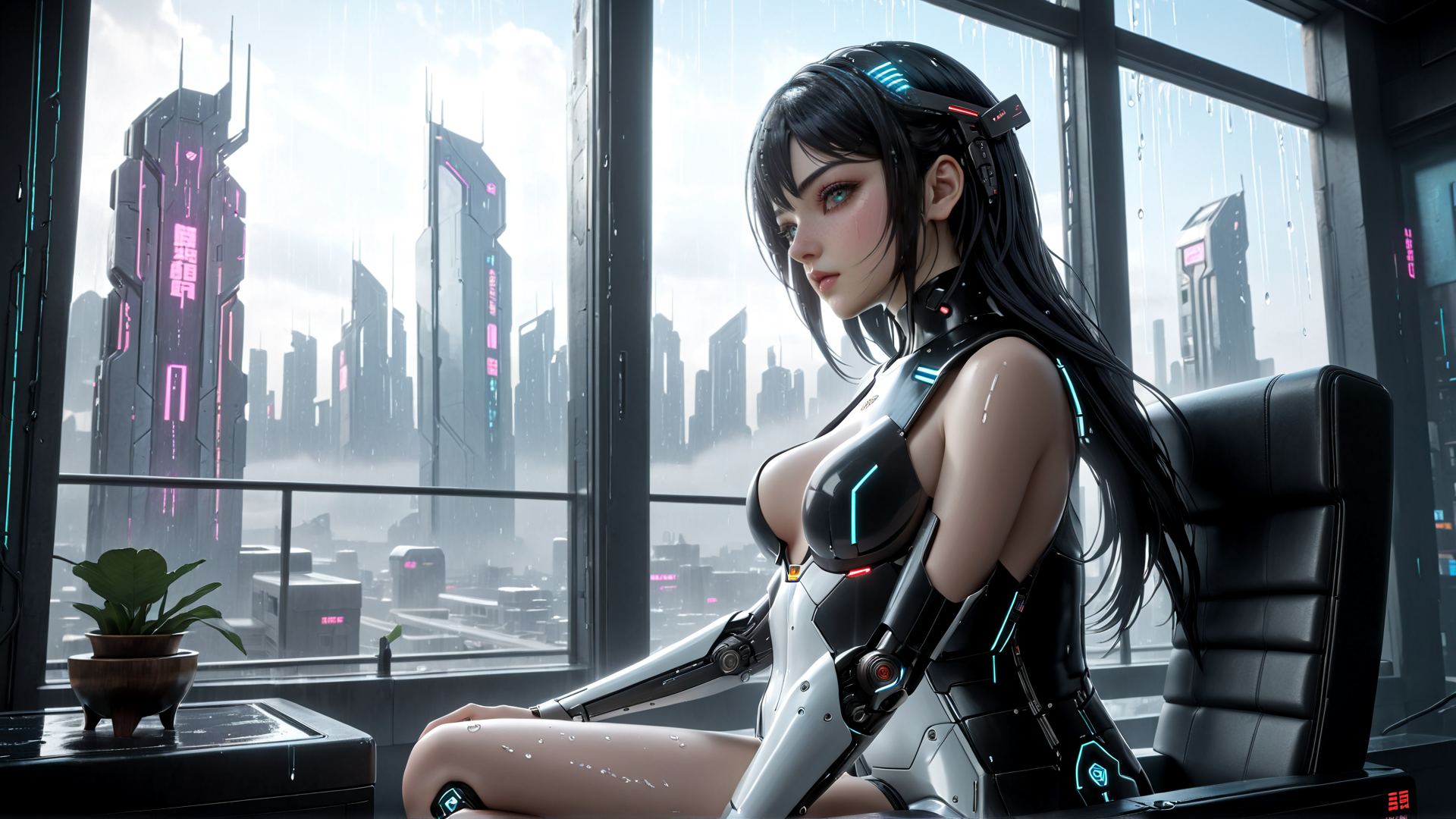 AI generated wallpaper featuring cyborg, woman, city
