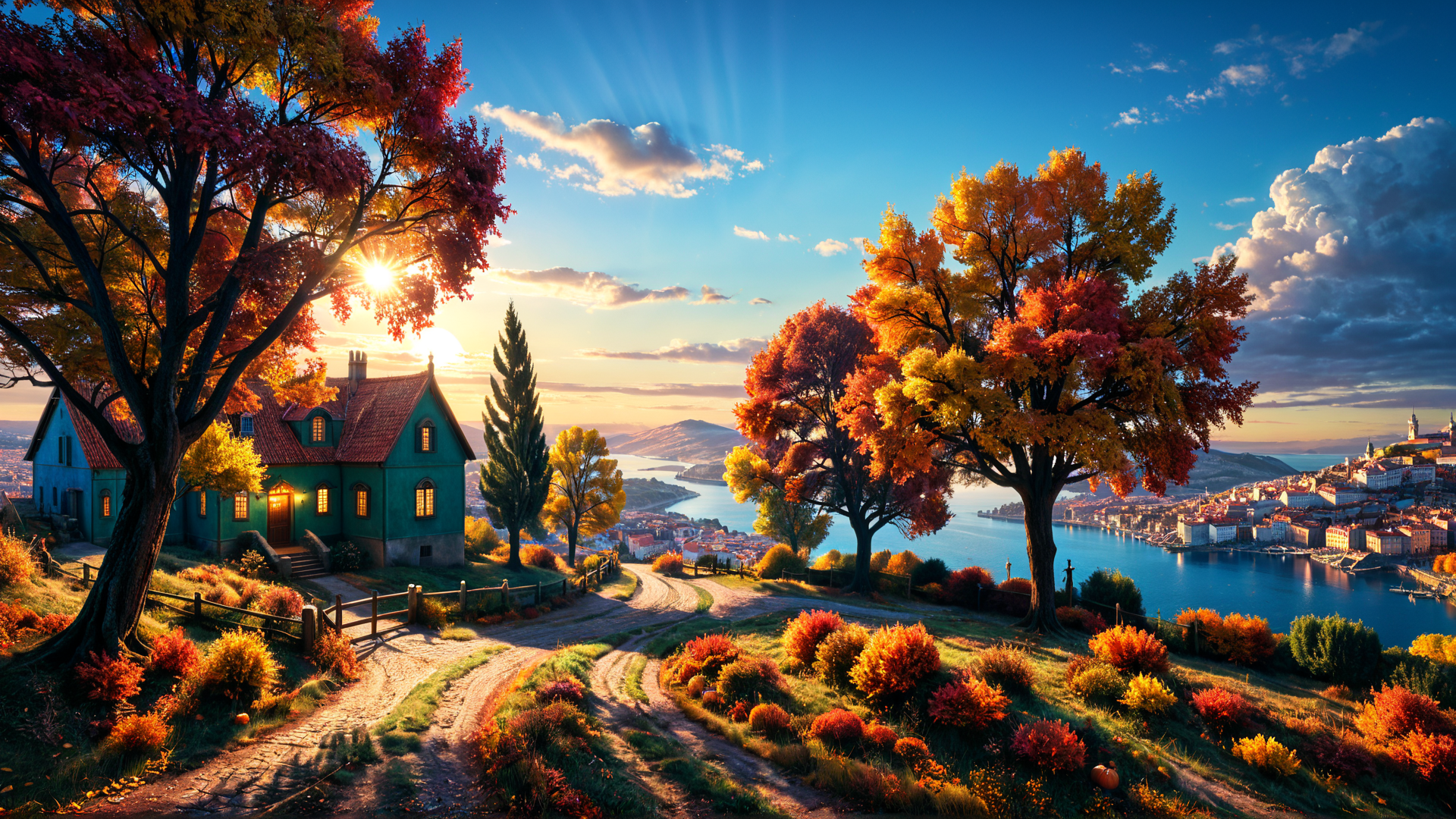 AI generated wallpaper featuring house, trees, road, cityscape, sun