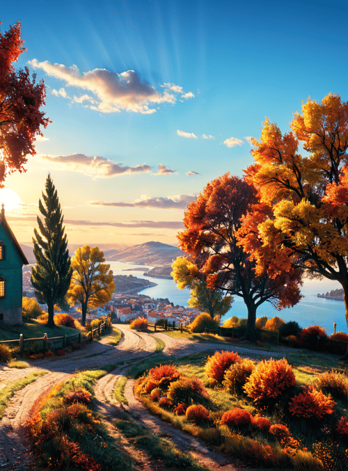 house, trees, road, cityscape, sun