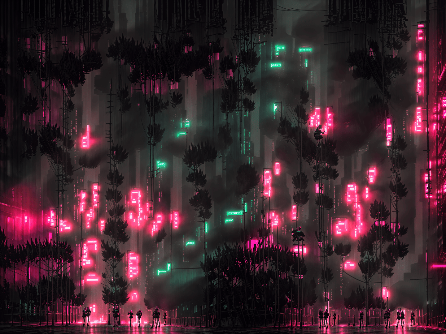 AI generated wallpaper featuring cityscape, neon signs, trees