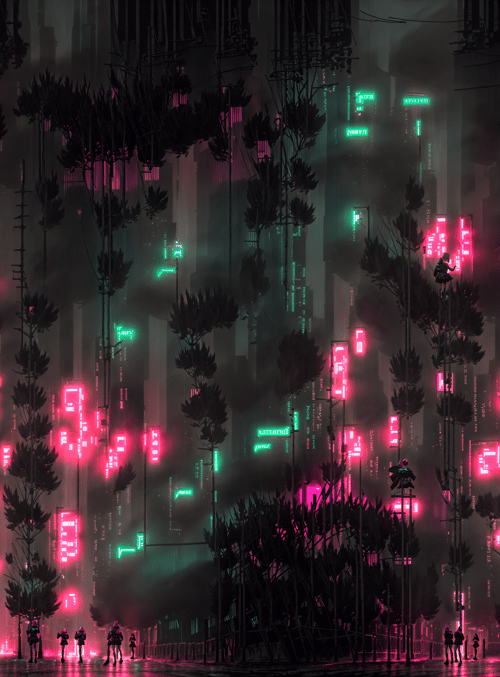 cityscape, neon signs, trees