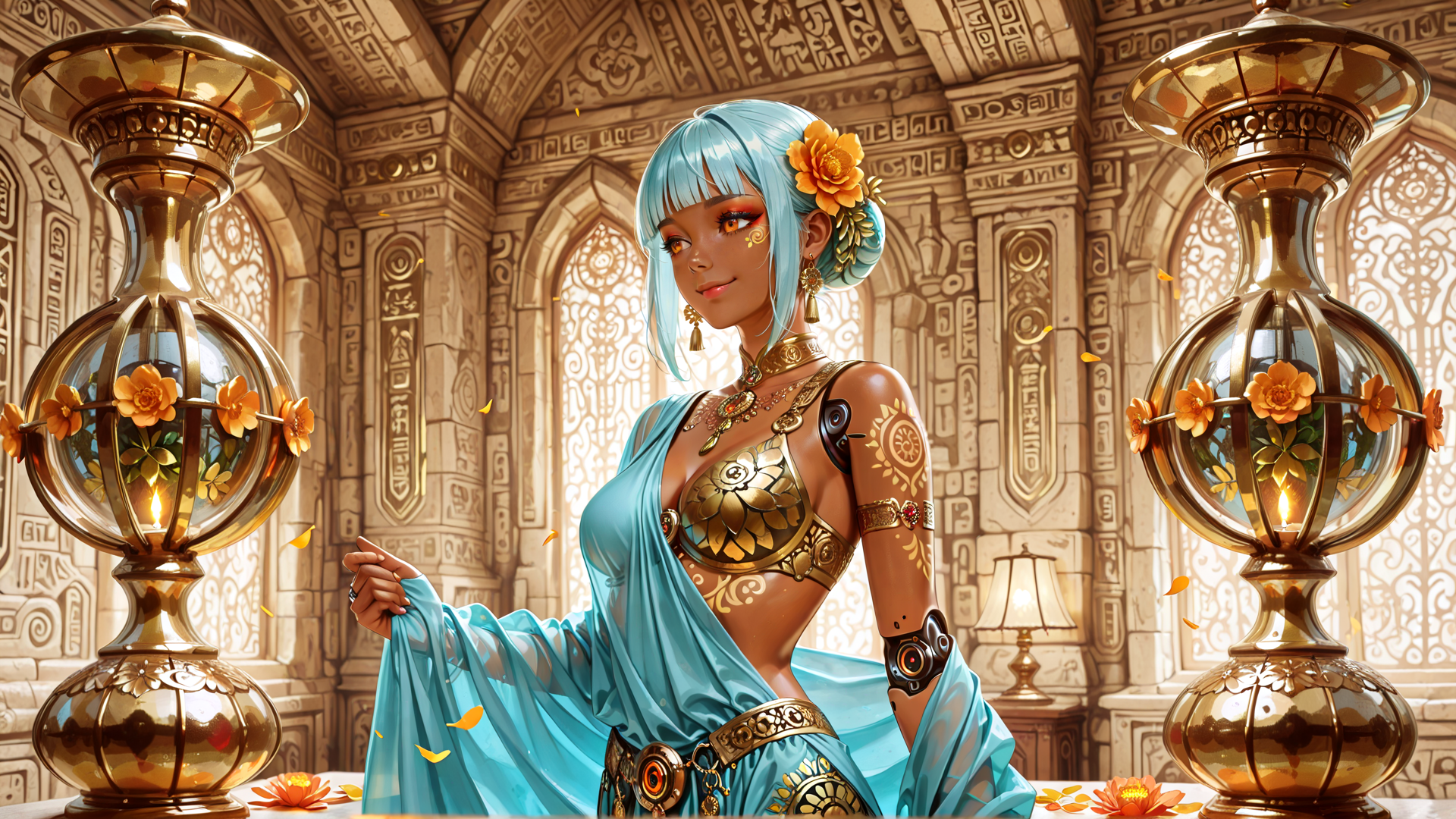 AI generated wallpaper featuring woman, lanterns, flowers, armor, dress, room