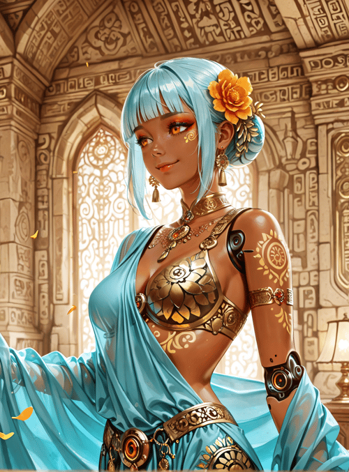 woman, lanterns, flowers, armor, dress, room