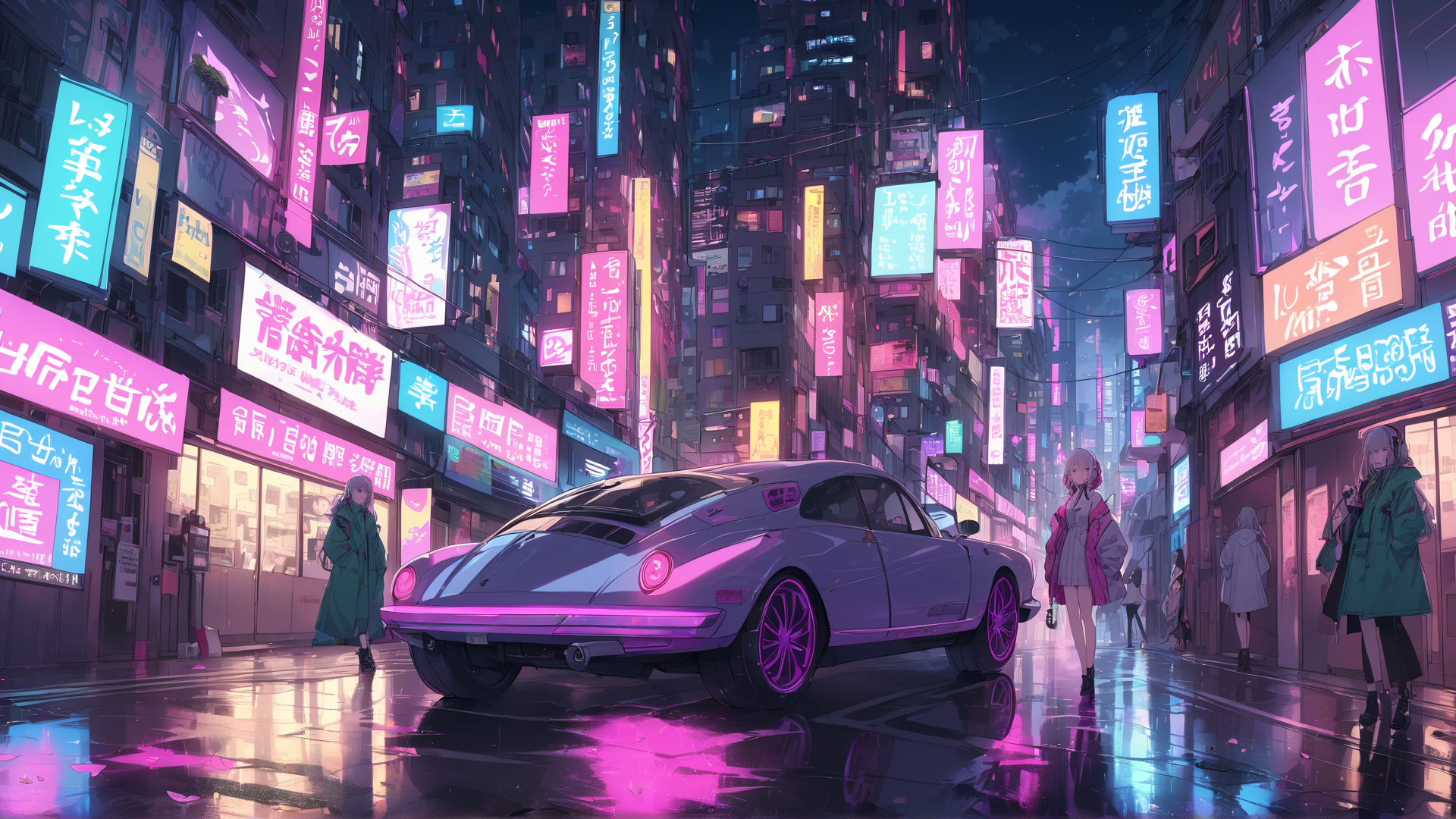 AI generated wallpaper featuring car, anime characters, neon signs