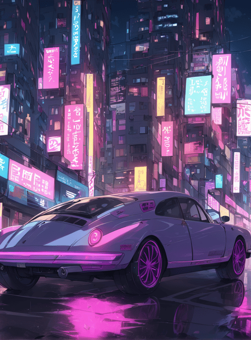 car, anime characters, neon signs