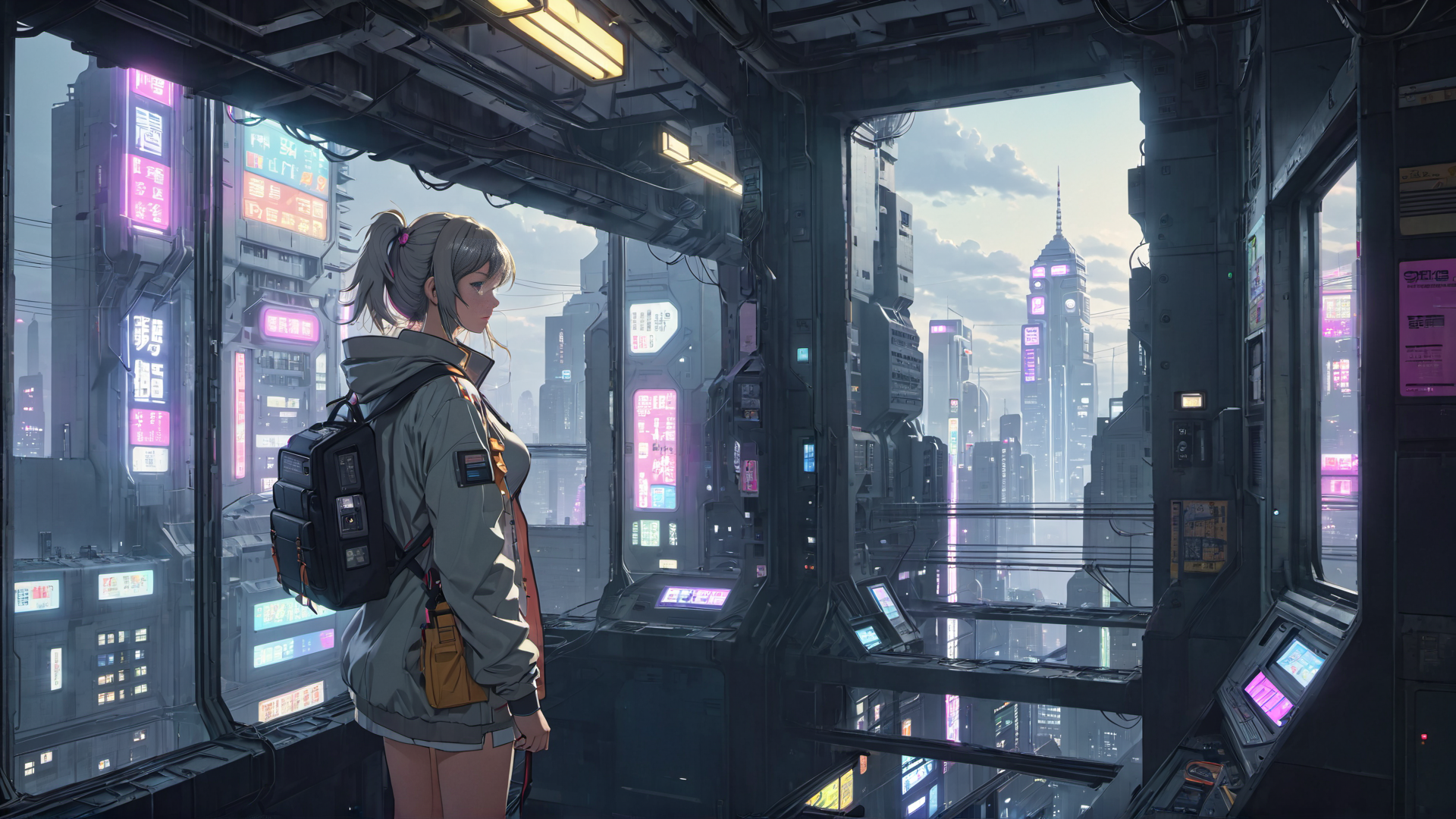 AI generated wallpaper featuring girl, cityscape, futuristic