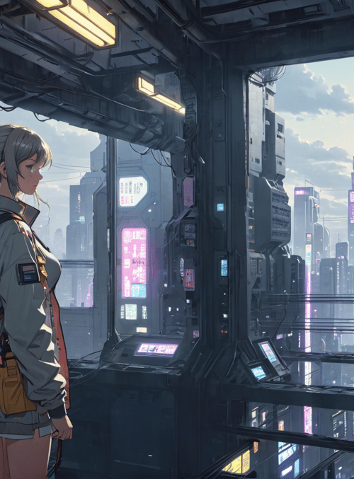 girl, cityscape, futuristic