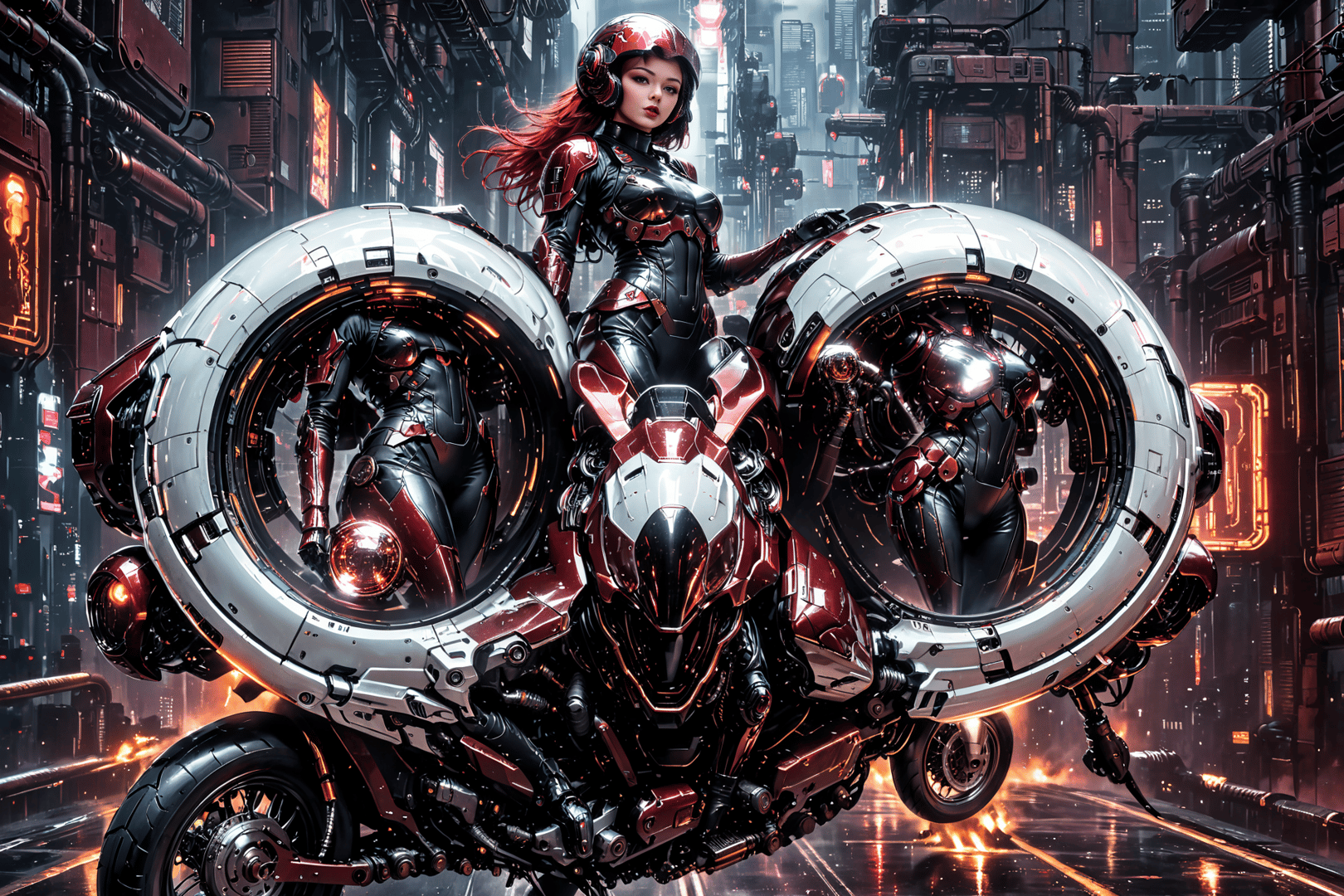 AI generated wallpaper featuring cyborg, motorcycle, neon city
