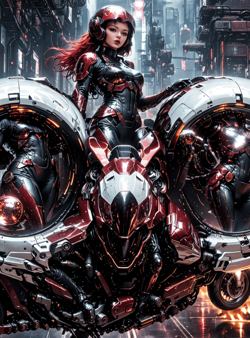 cyborg, motorcycle, neon city