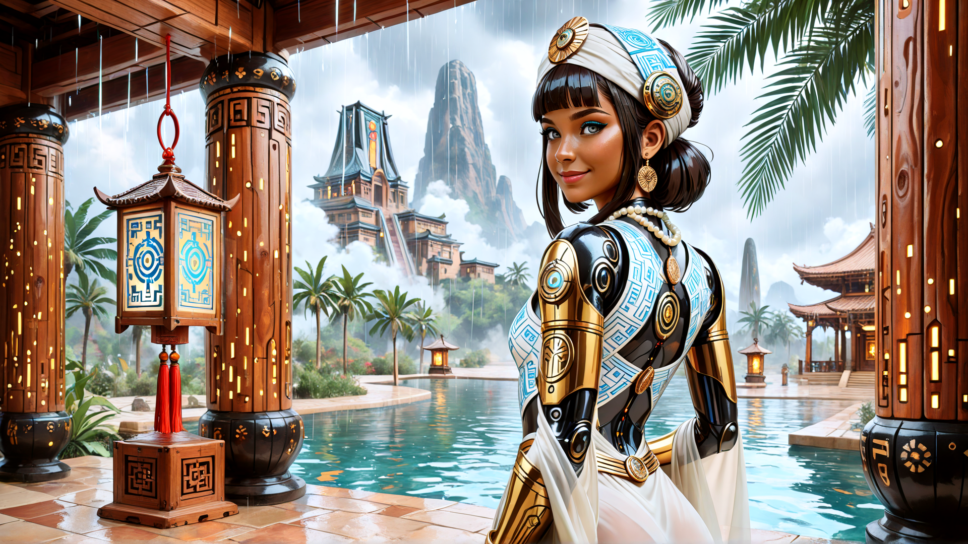 AI generated wallpaper featuring robot, woman, lantern, pool, mountain, palace, palm tree, garden, temple, armor