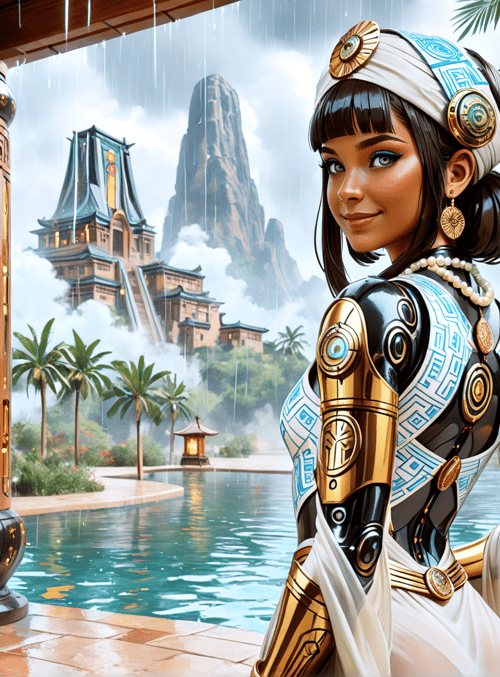 robot, woman, lantern, pool, mountain, palace, palm tree, garden, temple, armor