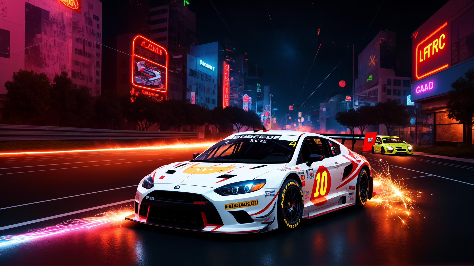 AI generated wallpaper featuring car, race car, neon lights, cityscape, street racing, sparkles, building, sign, road, cars