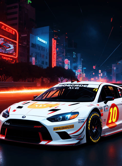 car, race car, neon lights, cityscape, street racing, sparkles, building, sign, road, cars