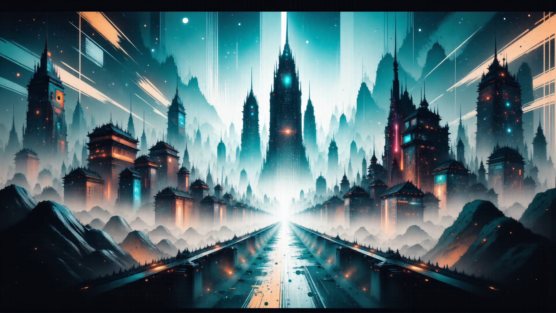 AI generated wallpaper featuring city, buildings, mountains, road, skyscrapers, spires, monument, structure, fog, path