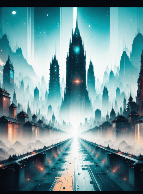 city, buildings, mountains, road, skyscrapers, spires, monument, structure, fog, path