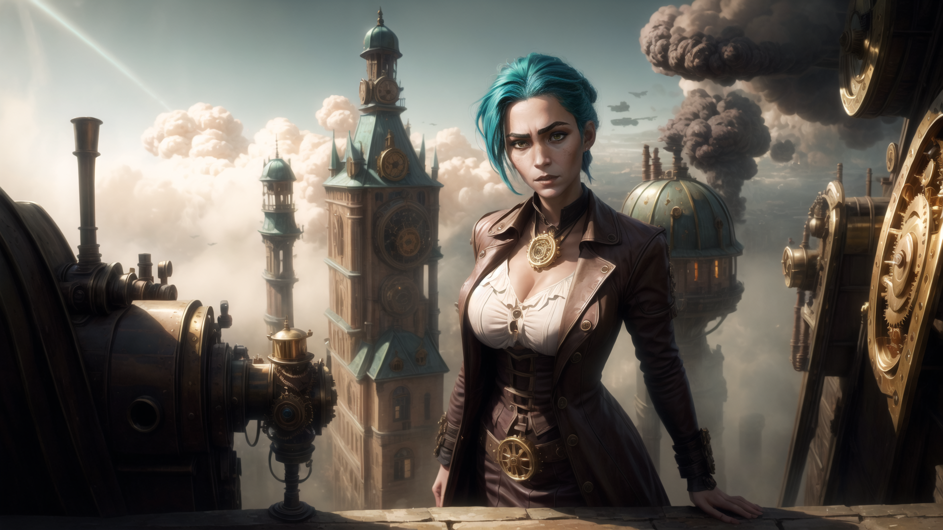 AI generated wallpaper featuring woman, steampunk, clocktower