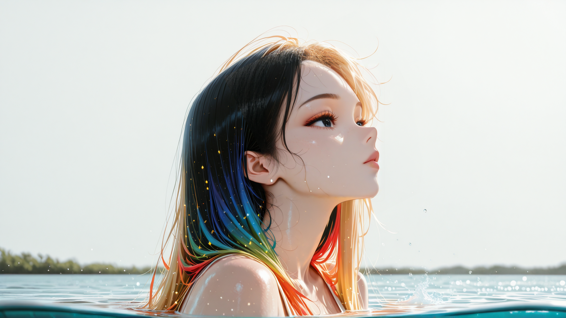 AI generated wallpaper featuring woman, hair, water