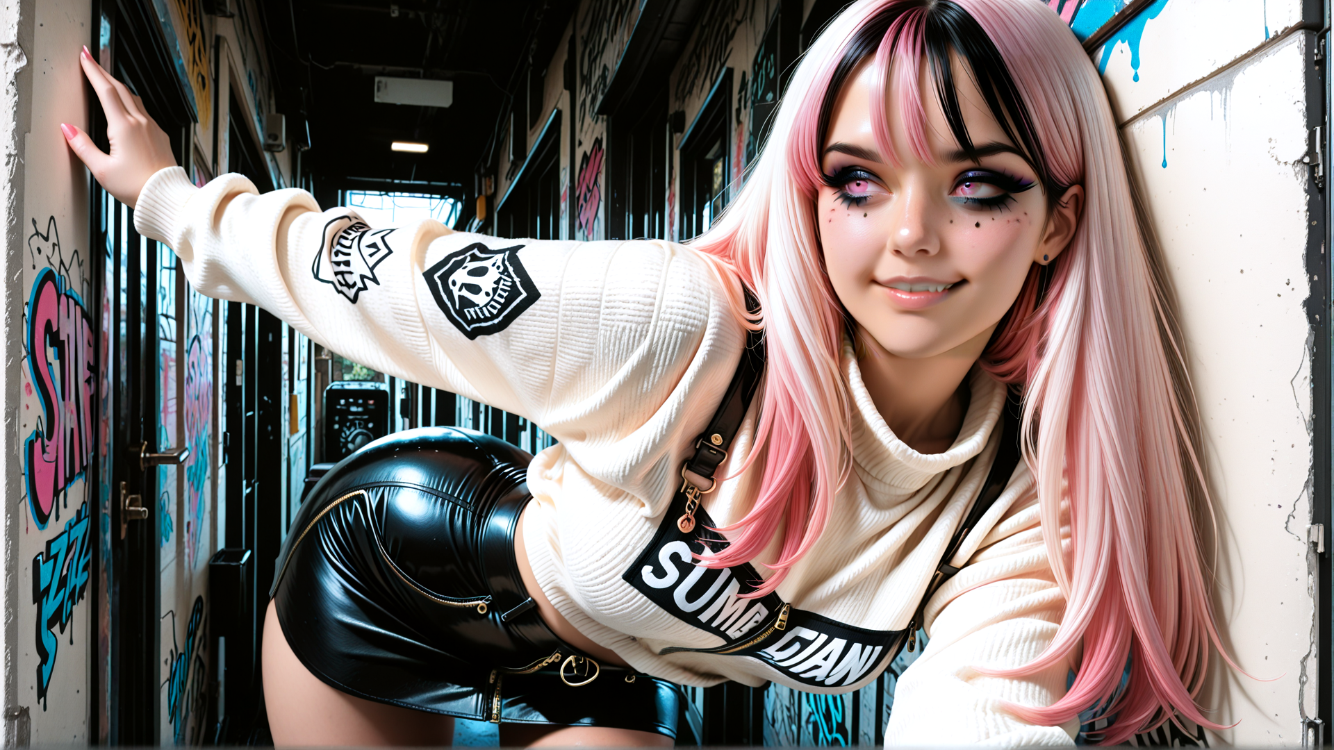 AI generated wallpaper featuring woman, graffiti, street, sweater, shorts, hair