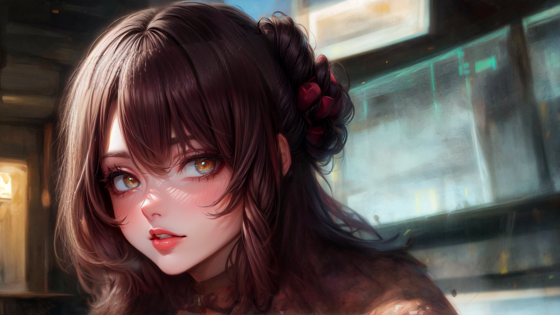 AI generated wallpaper featuring girl, hair, window