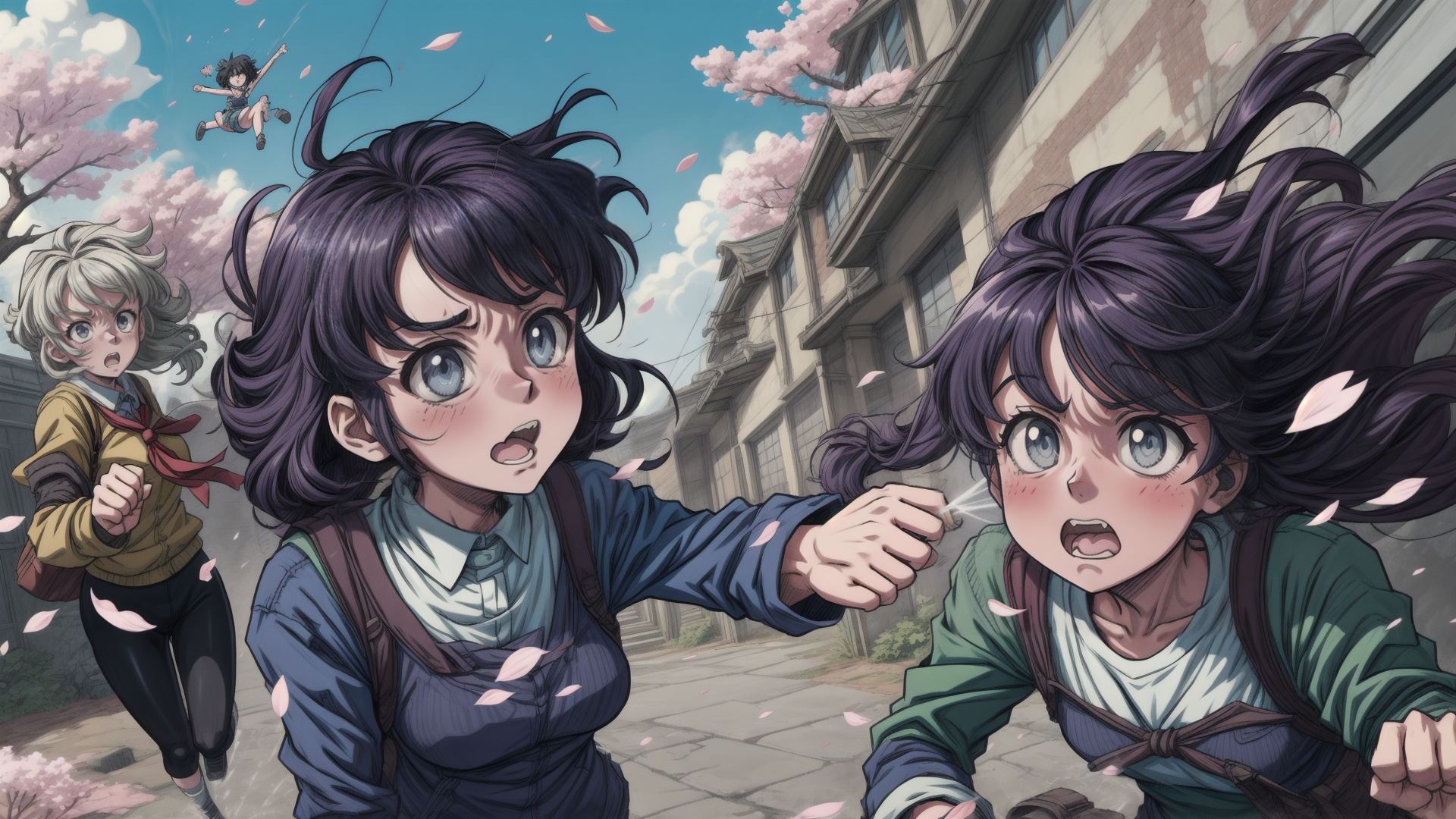 AI generated wallpaper featuring girls, cherry blossoms, street