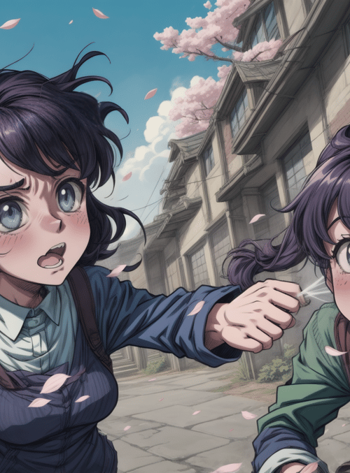 girls, cherry blossoms, street