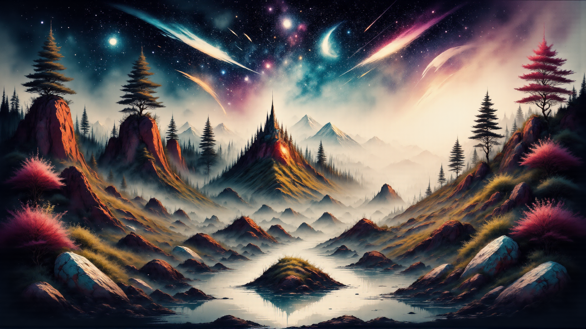 AI generated wallpaper featuring mountains, forest, river, trees, castle