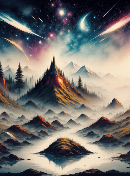 mountains, forest, river, trees, castle