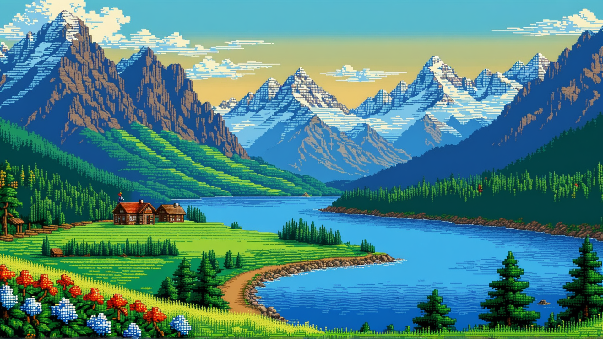 AI generated wallpaper featuring mountains, lake, house