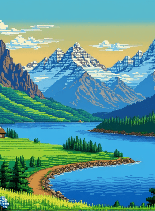 mountains, lake, house