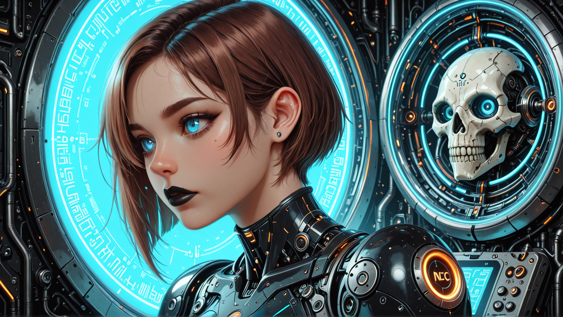 AI generated wallpaper featuring cyborg, skull, robot, mechanical, neon, interface, gears, circuit, digital, glow