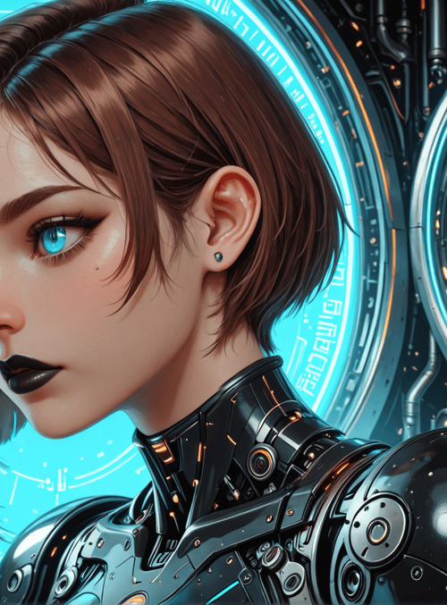 cyborg, skull, robot, mechanical, neon, interface, gears, circuit, digital, glow