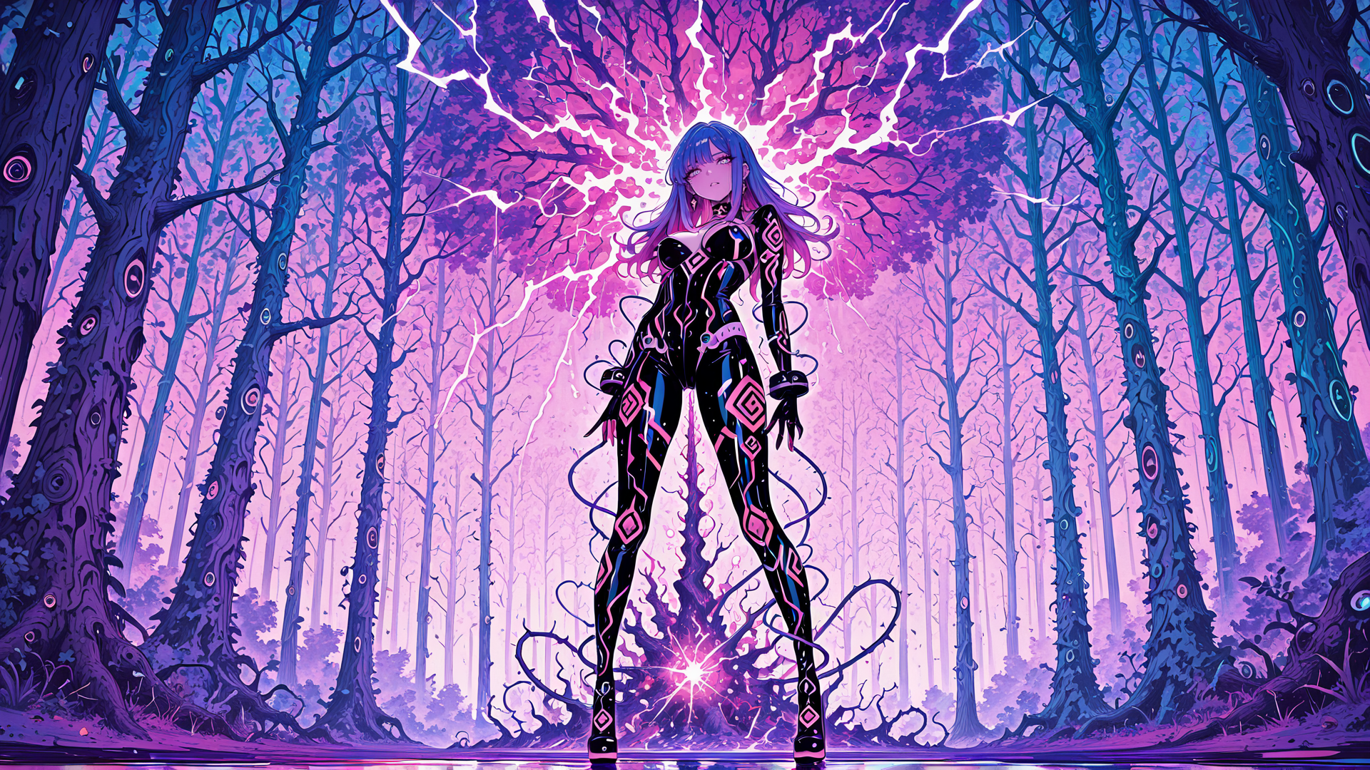 AI generated wallpaper featuring anime girl, cybernetic suit, magic tree, forest, glowing, electricity, futuristic, neon, digital art, fantasy
