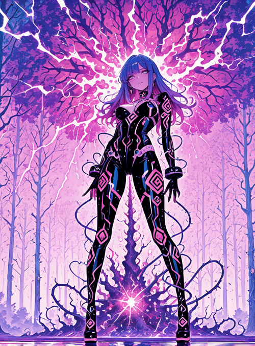 anime girl, cybernetic suit, magic tree, forest, glowing, electricity, futuristic, neon, digital art, fantasy