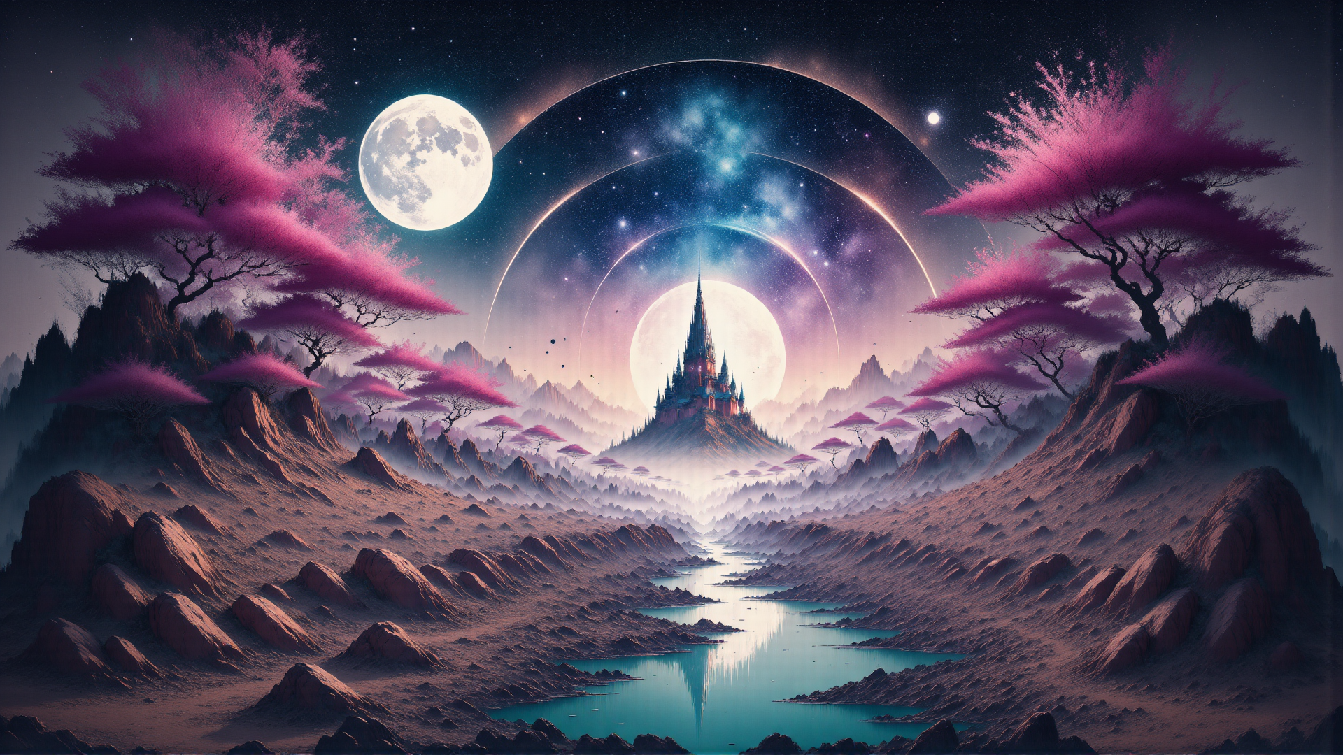 AI generated wallpaper featuring castle, trees, moons, mountains, river, stars, landscape, sky, cathedral, lakes