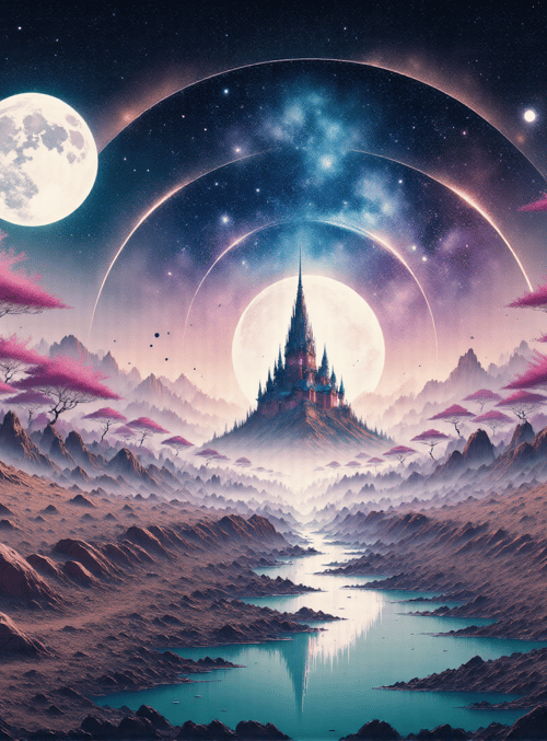 castle, trees, moons, mountains, river, stars, landscape, sky, cathedral, lakes