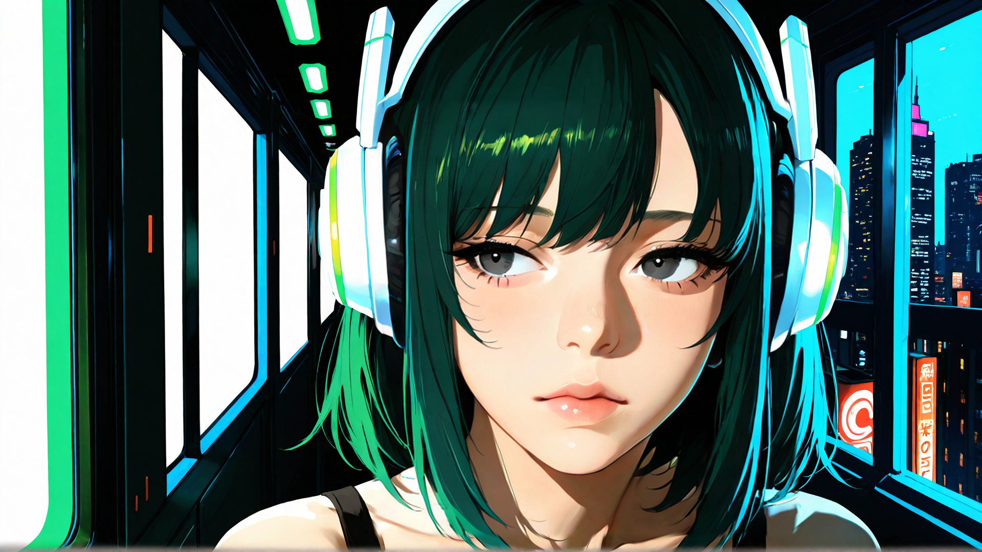 AI generated wallpaper featuring girl, headphones, cityscape, window, hair