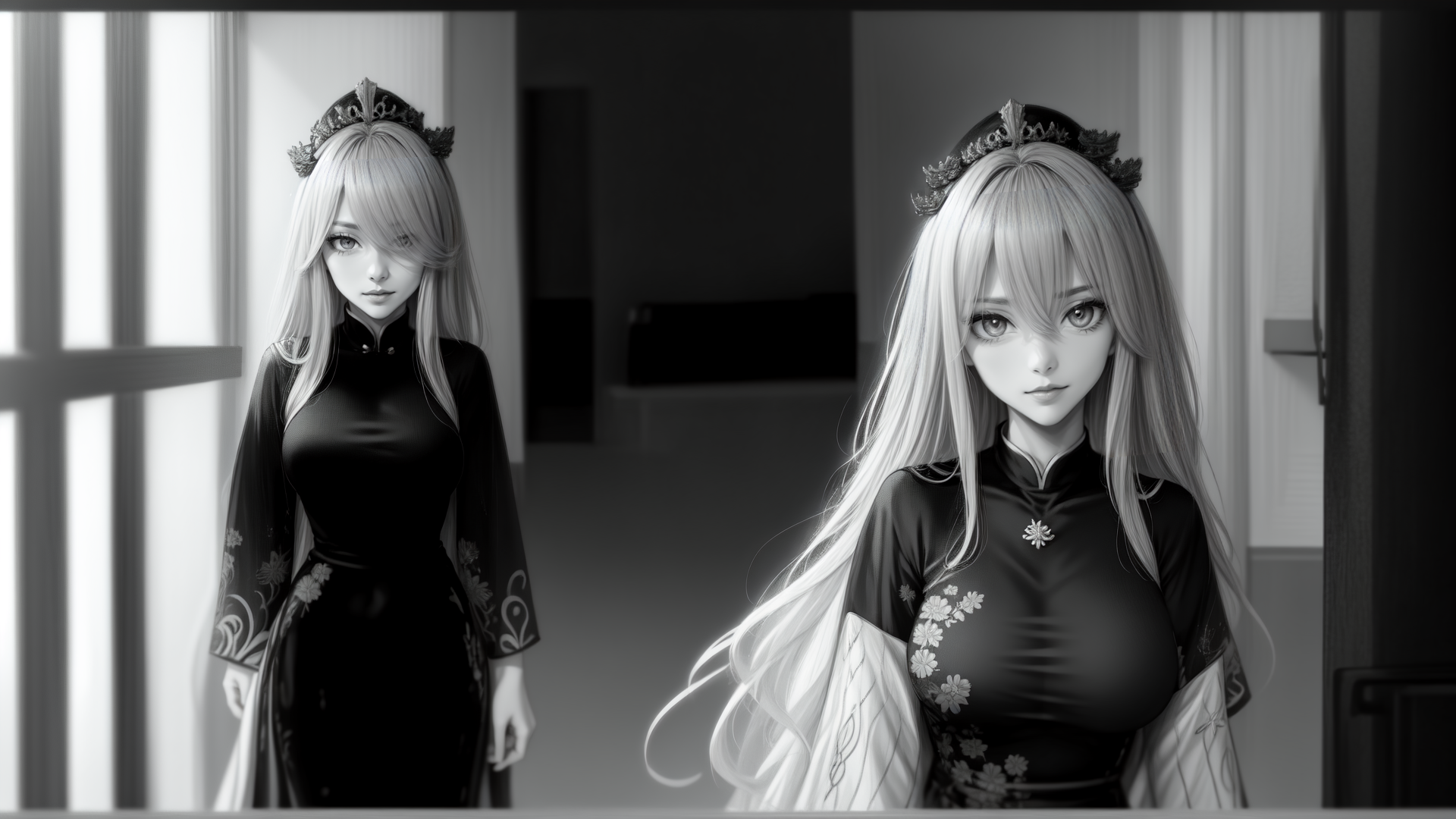 AI generated wallpaper featuring woman, dress, tiara