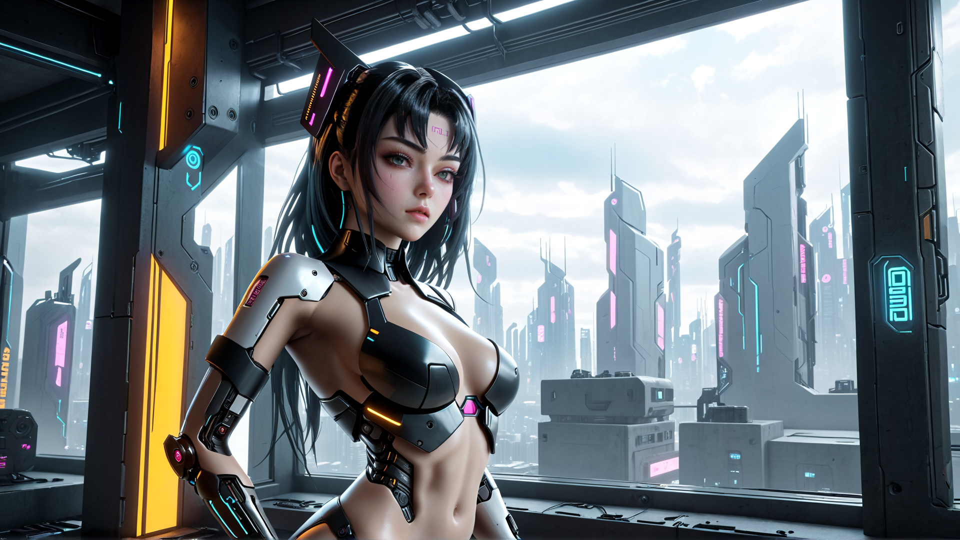 AI generated wallpaper featuring cyborg, woman, cityscape