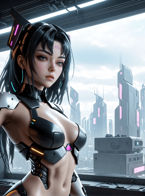 cyborg, woman, cityscape
